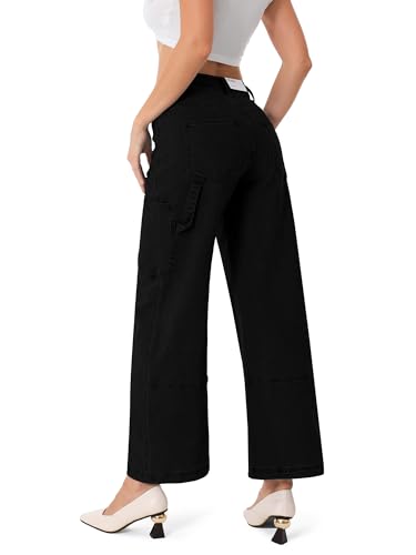 ONESO Wide Leg Jeans for Women Trendy Mid Waisted Baggy Flare Jeans Stretchy Boyfriend Denim Pants with Patch Pockets3