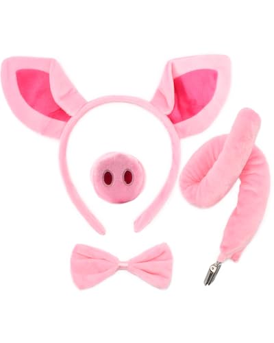 HODRME 4 Pieces Pig Ears and Tail Set-Pink Pig Headband Tail Nose Bow Tie Cosplay Party Halloween Costume Accessories (1 Set)