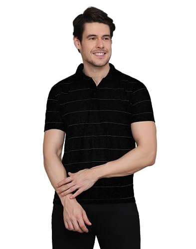 Image of INKKR Men's Striped Polo Neck Cotton Blend Multicolor T-Shirt