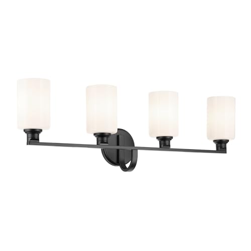Image of Kichler Gioe 4-Light Bathroom Vanity Light Fixture with Opal Glass in Black, Modern Wall Mount Over Mirror Lighting for Powder Room (32.25 inch W x 10.5 inch H), 55227BK