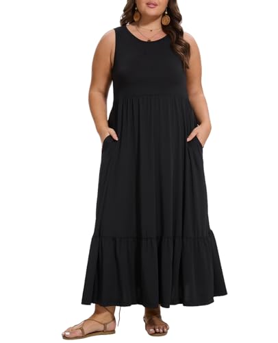 Moon Wood Women's Plus Size Sleeveless Summer Dress Crewneck Tank Casual Flowy Maxi Dress with Pockets Vacation Outfits