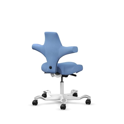 Image of HAG Capisco Standard Chair-White Frame-Upholstered Light Blue Washed