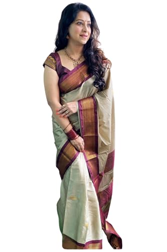 SGF11 Women's Kanjivaram Soft Silk Saree With Blouse Piece (Cream Brown) 6.3metres