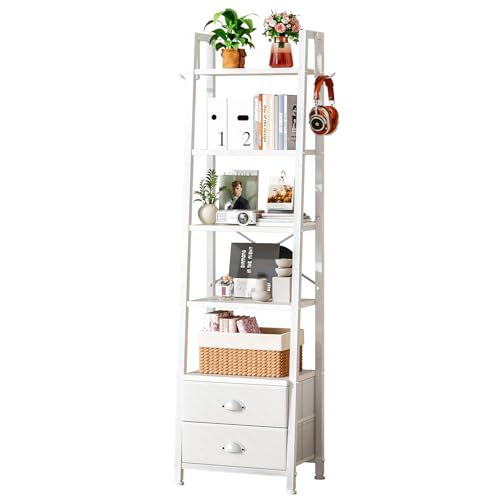 Taotigzu Etagère à Livres en Échelle,BibliothÈque à 5 Niveaux,Meuble de Rangement avec 2 Tiroirs en Tissu pour Salon, Chambre, Cuisine, Bureau,Style...