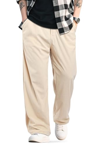 Heyfanee Mens Corduroy Pants Baggy Vintage Casual Pants for Men Wide Leg Streetwear Trousers Beige 34