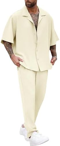 LecGee Men Summer Casual Short Sleeve Pant Sets Solid Button Down...