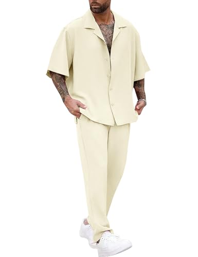 LecGee Men Summer Set Fashion Short Sleeve Festival Shirt Button Down Top Club Party Outfit Tracksuit(Beige,XL)