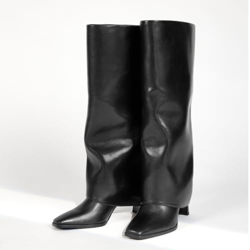 wetkiss Knee High Boots Women Fold Over Square Toe Chunky Heel with Half Zipper Long Knee High Dress Tall Boots for Women Fashion Party Wedding Daily3