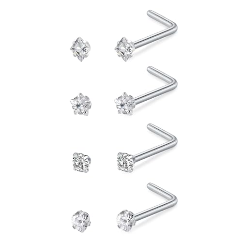 LAURITAMI 4 Pièces Piercing Nez, 20G Piercing Nez Acier Inoxydable Argent, L Forme Percing Narine Bijoux de Percing pour Femme Homme