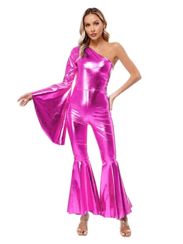 IEFIEL Disfraz Disco Mujer Mono Brillante Metálico de Campana Reina Bailarina Rosa caliente S