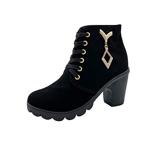 Ankle Boots Women Casual Comfortable Lace Up Booties Faux Suede Thick Sole Round Toe Stylish Block Heel Non Slip Biker Boots Outdoor Office