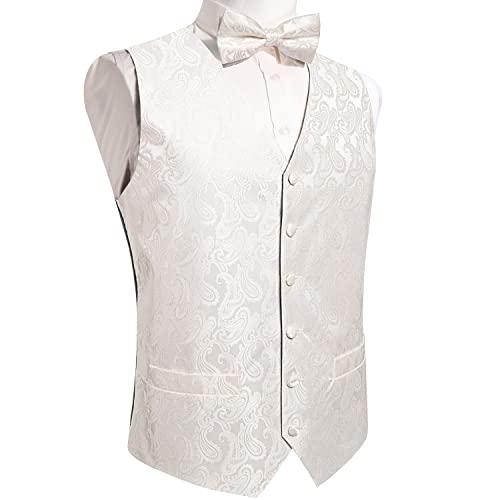 Image of DiBanGu Mens Paisley Suit Waistcoat,Silk Dress Vest and Bowtie Pocket Square Cufflinks with Lapel Pin Set for Wedding Tuxedo