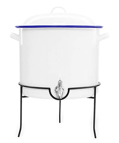 Enamelware Beverage Dispenser with Rack, 15 quart, Vintage White/Blue
