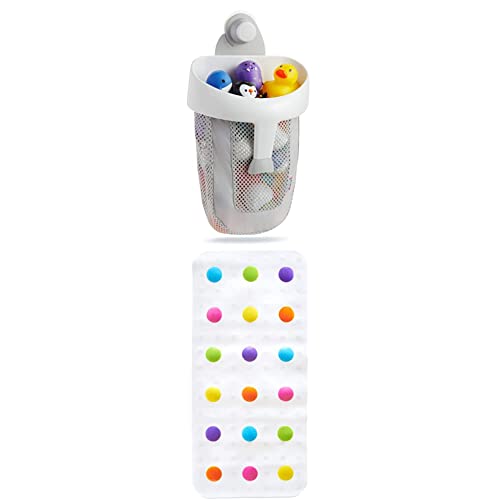 Munchkin Dandy Dots Colourful Children’s Non Slip Bath Mat + Munchkin Super Scoop Bath Toy Organiser, Grey
