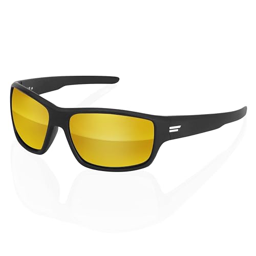 Image of TOROE Eyewear FIELD Wrap Around Sport Sunglasses With Polycarbonate Polarized Lenses, Lightweight TR90 Frame (Matte Black | White Emblem, Gold Mirror (C3))