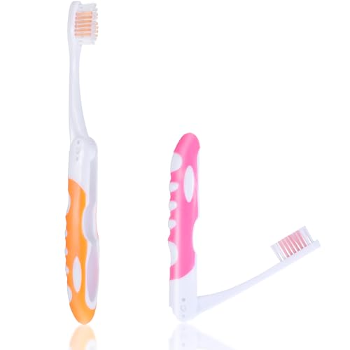 Juego de 2 cepillos de dientes de viaje, cepillo de dientes plegable suave, mini cepillos de dientes para viajes, camping, senderismo (naranja y rosa)