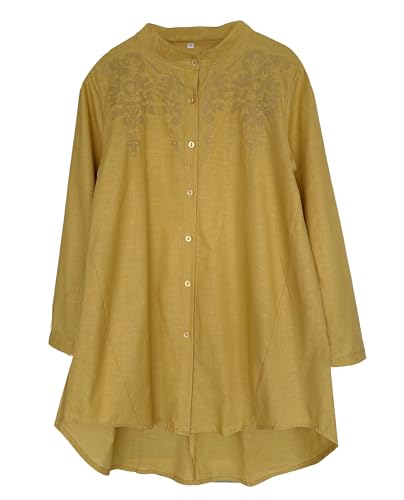 Minibee Women's Cotton Linen Shirt High Low Button Down Embroidered Blouse Long Sleeve Tunic Tops2