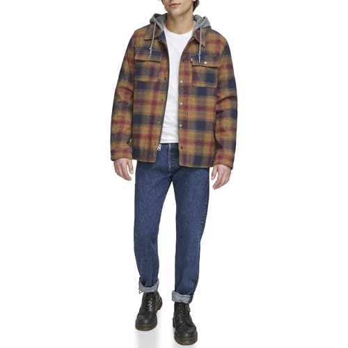 Image of Levi's mens Plaid Sherpa Lined Hooded Shirt Jacket (Regular & Big & Tall Sizes)