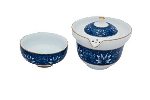 Porcelain Blue & White Tea Set for One from Bamboo Mist Tea - Teapot (200ml - 6.8 oz) - Cup (100ml - 3.4 oz) - Perfect Portable-Size Gaiwan for Travel or Office