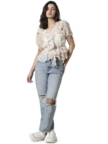 Image of ONLY Floral Printed Puff Sleeves Peter Pan Collar Chiffon Peplum Top