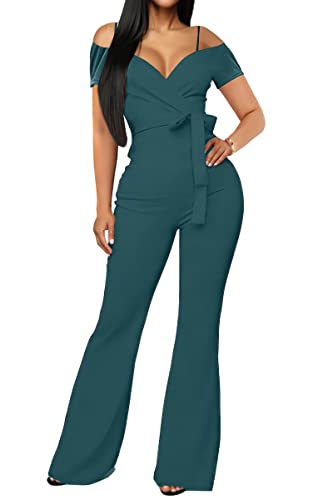 Women's Jumpsuit Elegant Sexy V Neck Off Shoulder High Waisted Flared Pants Casual Rompers Party Clubwear With Belt Dark Green M #TOP24