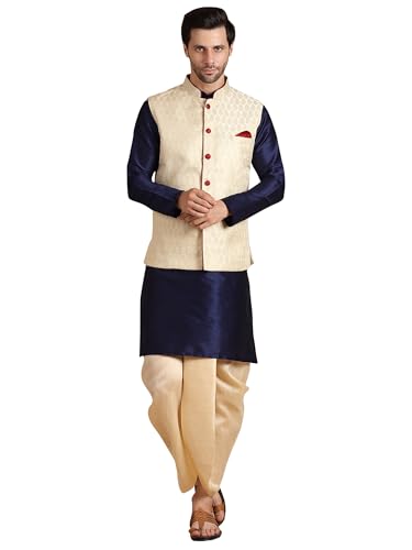 Image of Men's Silk Blend Solid Kurta Dhoti Set with Designer Ethnic Nehru Jacket