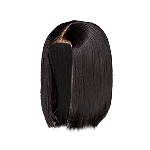 Pelucas de cabello humano Bob corto, peluca recta, pelucas frontales de encaje negro, cabello humano para mujeres, peluca Bob resaltada prearrancada con cabello de bebé Pelo Natural (Black, One Size)