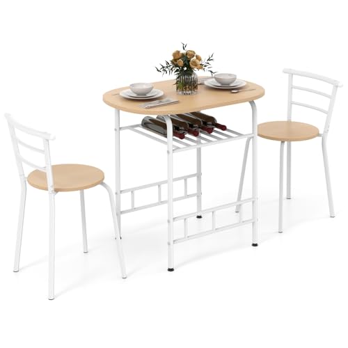 COSTWAY Juego de Comedor de 3 Piezas, Conjunto Mesa y 2 Sillas Cocina para Ahorrar Espacio, Conjuntos de Mueble de 3 Piezas de Madera y Metal con Vino Estante, Respaldos Curvo (Blanco y Natural)