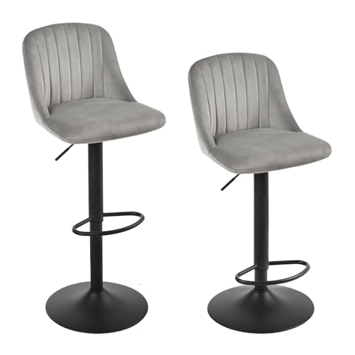 Goeurvant 360°Drehbar Barhocker 2er Set Höhenverstellbar mit Lehne & Fußstütze,Barstühle Samt mit Metallgestell für Bar,Küche,Theke,Esszimmer,Wohnzimmer & Essbereich,Hellgrau