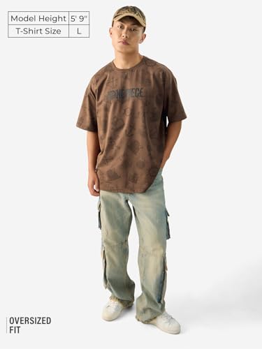 Image of The Souled Store Official One Piece: Pirate Tales Men and Boys Short Sleeve Round Neck Brown Phraphic Printed Cotton Oversized T-Shirts