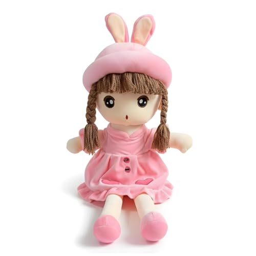 Image of ELITE CREATIONS Plush Doll with Bunny Hat, Pink Dress and Braided Hair, Stuffed Toy for Kids- Gift Toy for Girls and Babies