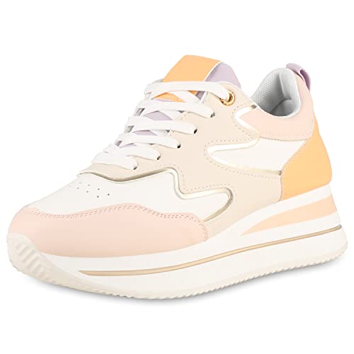 VAN HILL Baskets pour femme Wedges avec talon compensé et paillettes métalliques, Rose, beige, or métallisé, 39 EU Cover