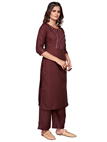 Image of Vbuyz Women's Cotton Blend Solid Straight Stitched Kurta Palazzo with Dupatta (VF-KU-1881-SKD-38 Maroon Medium)