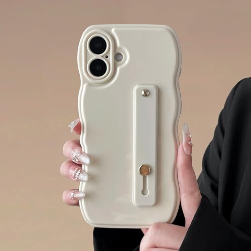 Coque iPhone 16 Plus beige en silicone ondulé avec dragonne réglable FABSPARK