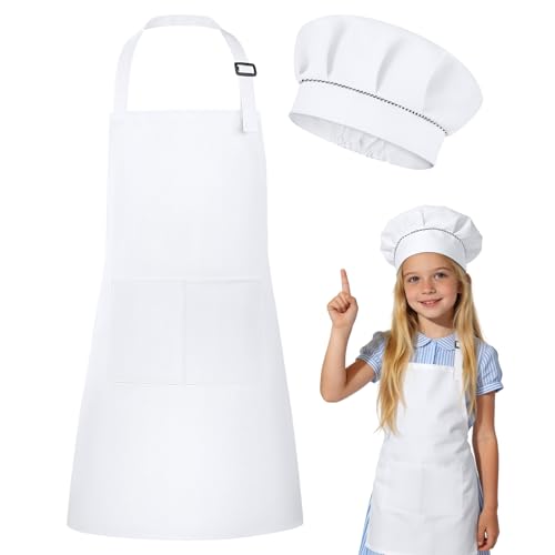 DiULi Conjunto de aventais infantis, conjunto de 2 peças aventais ajustável e gorro de cozinheiro crianças, avental de chef com bolsos, pequenos cozinheiros presente para forno, pintura, jardim