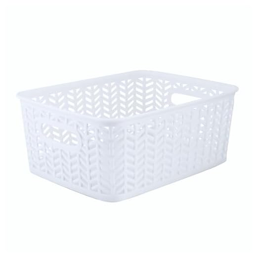 Simplify Small Herringbone Bin Storage Tote Basket Organizer Decorative, Good for Closets, Countertops, Desks, Dressers, Accessories, Cleaning Products, Sports Equipment, Toys, White