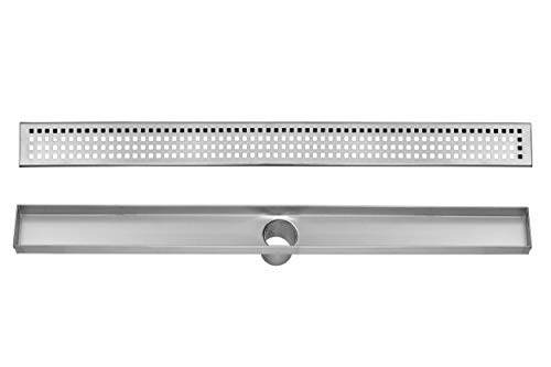 DreamDrain 32" Brushed Steel Linear Drain with Square Pattern Grate, Easy Installation Shower Drain Kit, 100% Stainless Steel Construction, 2” Outlet for up to 9 GPM Water Flow