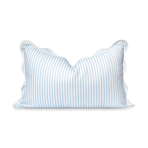 Image of Hofdeco Premium Coastal Patio Indoor Outdoor Scalloped Lumbar Pillow Cover Only, 12"x20" Water Repellent for Backyard, Couch, Baby Blue Print Stripes