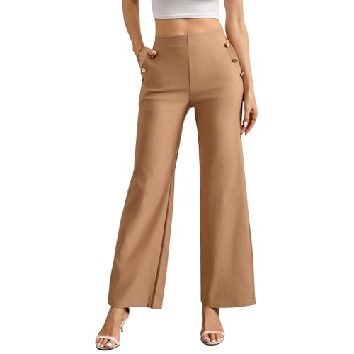 Zilams Pantalones Mujer Comodos Pantalon Rectos Largos Elasticos Cintura Pantalones de Vestir Mujer Traje y Pantalon con Bolsillos Cammello XXL