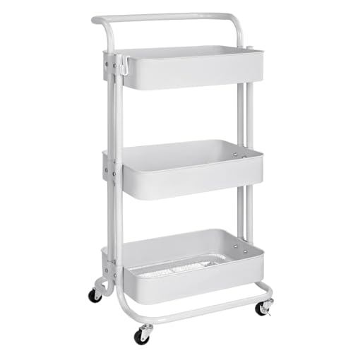 T-LoVendo Carro De Cocina Metalico Con Ruedas. Carrito auxiliar Multiuso.3 Cajones de Almacenamiento. 85x43x37cm. Ideal para Frutas, Verduras, Cocina, Salón, Oficina. Color Blanco