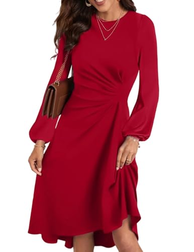 HUXRAKV Damen Elegante Cocktailkleider Langarm Einfarbiges A-Linie Kleid mit Taillenfalten Abendkleider Partykleider Businesskleider,42-Rot,M