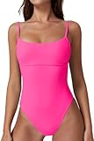 QINSEN Woman's Spaghetti Straps Seamed Cup Front High Waist Cheeky Cut One Piece Swimsuit Hot Pink L