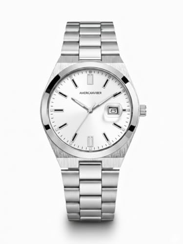 Image of AMERICANVIBER Men's Silver Stainless Steel Watch, Vibrant Green Sunburst Dial, Quartz Analog Movement, Date Display, Faceted Bezel for Men
