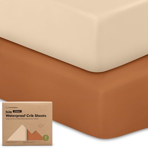 Image of 2-Pack Waterproof Baby Crib Sheets for Boys, Girls - 52x28 Viscose Derived from Bamboo Toddler Bed Sheet Neutral, Fitted Crib Mattress Protector Cover for Baby Bedding, Soft & Gentle (Rust)