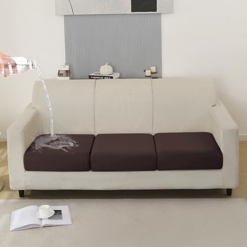 Image of HOKIPO 100% Waterproof Elastic Individual Seat Cushion Cover, 3-Piece Sofa Cushion Cover, Brown (AR-5352-BRN*3)