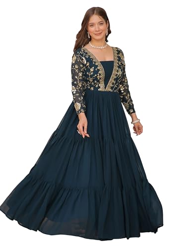 Image of FOXDX Womens Faux Georgette Sequence Embroidered Ankle Length Anarkali Gown for Women| Festival | Trending |