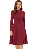 Allegra K Damen Langarm Knopfleiste Kleid mit Schleife Kragen Knielang Strick Shirtkleid Minikleid Rot L