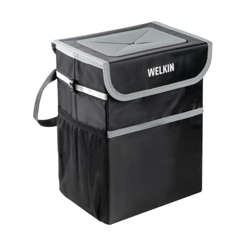 WELKIN Car Trash Can with Lid, Waterproof & Leakproof Bin, Hanging Garbage Storage Pockets for Car, Home, Office -Mini Accessories (Black) Cover