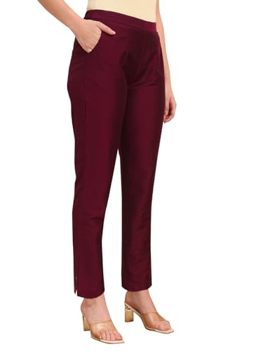 Image of Vogaan Women's Cotton Silk Pant | Half-Elasticated Waist Slim Fit Trouser for Women | Casual Pocket Pants for Office Formal Daily Use