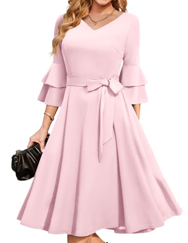 DRESSTELLS Damen Beerdigung Kleider - Plus Größe Cocktailkleid Business Kleider mit 3/4 Ärmeln in Pink